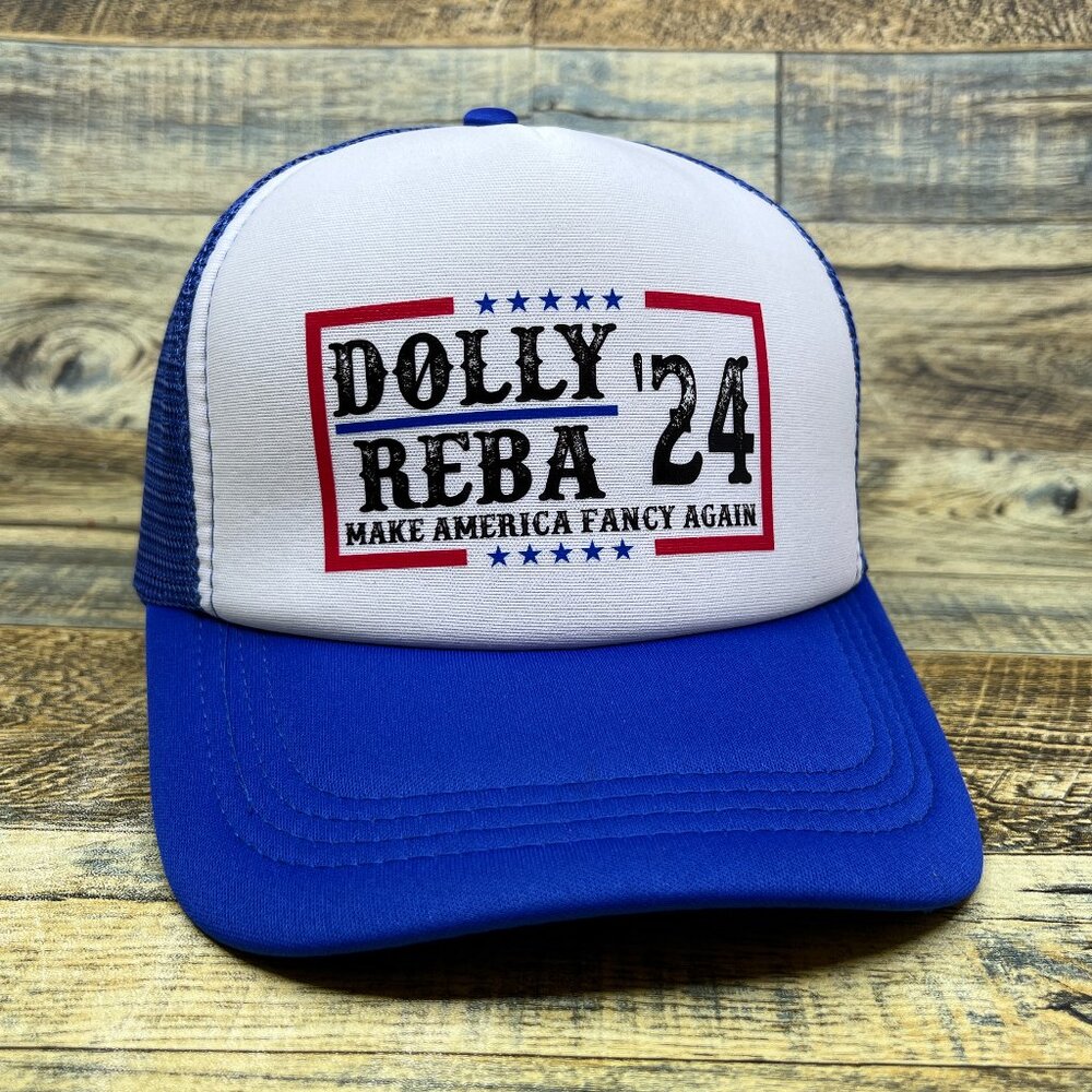 Dolly Reba 2024 Unisex Trucker Hat Blue Make America Fancy Country Music Cap